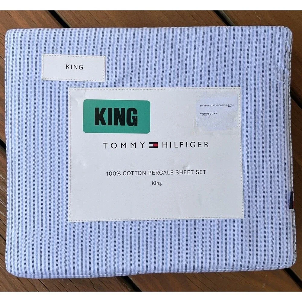 Tommy Hilfiger KING Bed Sheet Set 100% Percale Cotton Ithaca Bicolor Stripe Blue